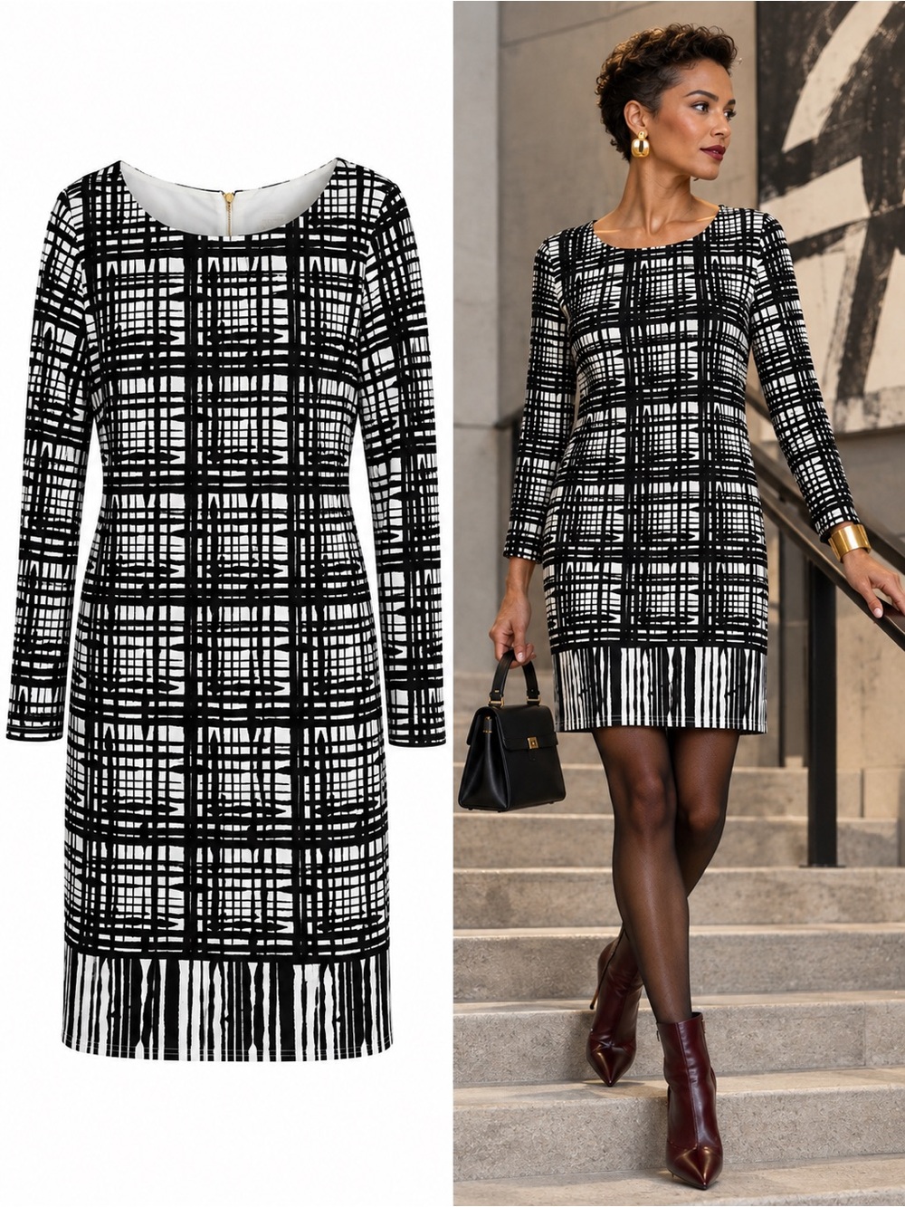 Vince Camuto Black White Geometric Grid Print Shift Dress Long Sleeve Size 8